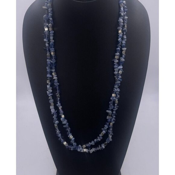 Kenneth Cole NY Blue Stone Chips Long Necklace Double Strand Layered 30-33 Inch - Picture 3 of 7